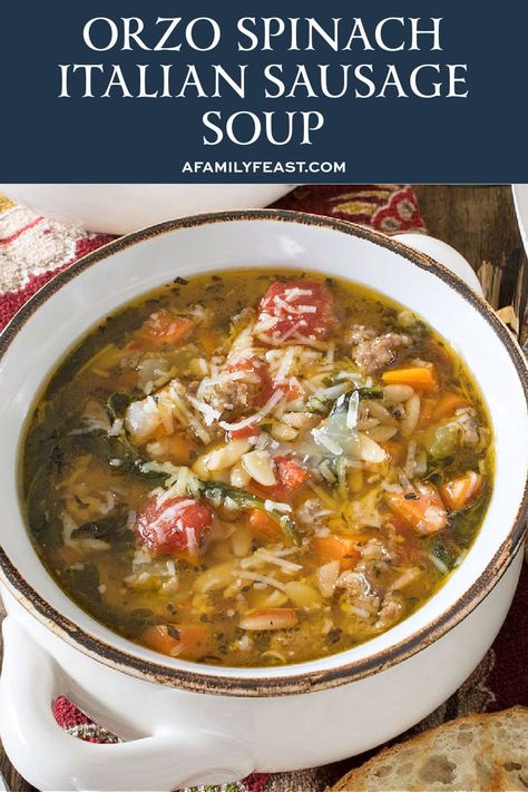 Orzo Spinach Italian Sausage Soup Sausage Orzo, Orzo Spinach, Orzo Soup Recipes, Italian Soup Recipes, Italian Sausage Soup, Orzo Soup, Spinach Soup, Italian Soup, Sausage Soup