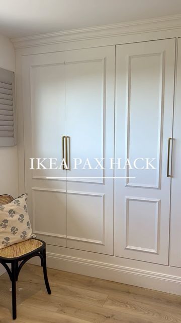 Kirsty Griffiths 🐓 on Instagram: "Pax IKEA wardrobes ✨ I needed wardrobe’s!! Couldn’t afford to get a professional carpenter in. So, when we took out the old 1970’s wardobes I paid attention to how they were still so solid after 50+ years. I made sure it was supported and fixed to the wall in the same way. • I filmed a step by step guide - just comment LINK below 👇 and I will DM you my guide. If you feel like giving this reel a share ♥️ I would be eternally grateful. Don’t forget to save this Diy Wardrobe Closet From Bookshelf, Ikea Armoire Hack, Hall Cabinets, Ikea Built In Wardrobes, Diy Fitted Wardrobes, Ikea Closet Doors, Ikea Pax Doors, Ikea Wardrobe Hack, Pax Hack