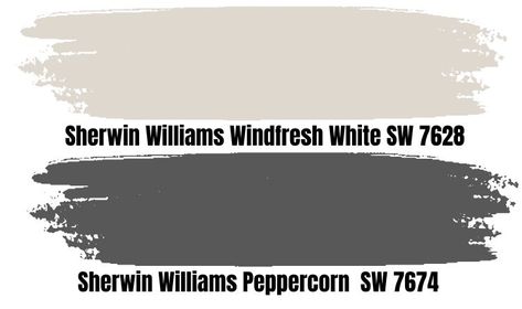 Sherwin Williams Windfresh White Peppercorn Palette, Windfresh White, Sherwin Williams Pewter Green, Peppercorn Sherwin Williams, Sherwin Williams Peppercorn, Sherwin Williams Comfort Gray, Dark Gray Paint, Dark Gray Paint Colors, Sherwin Williams Green