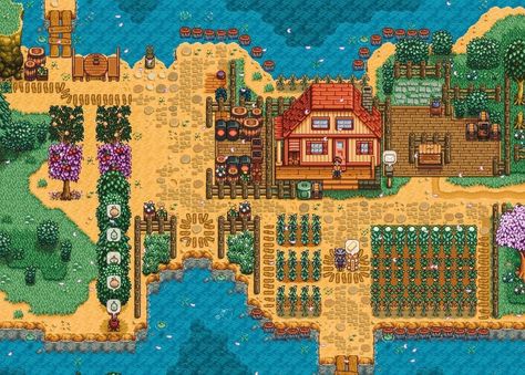 Stardew Valley Farm Layout Riverside, Riverside Farm Stardew, River Farm Layout Stardew Valley, River Farm Stardew Valley, Stardew Valley Layout, Stardew Valley Tips, Stardew Valley Farms, Valley River, Valley Game