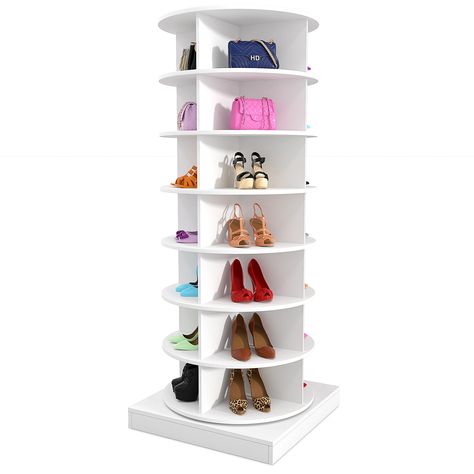 PRICES MAY VARY. PRACTICAL ROTATING SHOE RACK - This 7-tier shoe rack features a 360° rotating design, and the rotating shoe tower combines the storage capacity of a shoe rack with the convenience of rotation. You can use it in any corner, it can help you store your favorite shoes and bags neatly, and the vertical swivel design is very convenient for you to use STURDY AND DURABLE - This rotating shoe rack is made of high-quality engineered wood with a reinforced bottom plank to ensure stability Bookshelf For Shoes And Bags, Shoe And Bag Rack Ideas, Corner Shoe Rack, Shoe Rack Display, Shoe Organization Small Space, Spinning Shoe Rack, Shoe Tower, Rotating Shoe Rack, Sneaker Displays