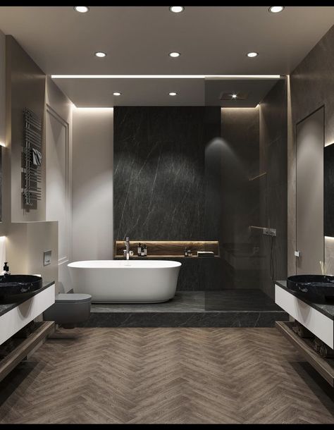 Modern Master Bathrooms 2024 Trends, Bathroom Interior Design Modern Master Bath, Dark Modern Bathroom, Master Bathrooms Luxury, Modern Washroom Design, Apartment Bathroom Design, Toilet Design Modern, Bathroom Interior Design Modern, Modern Luxury Bathroom