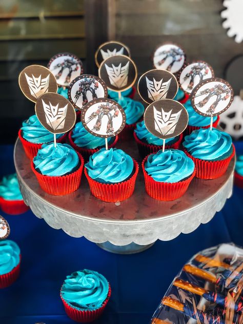 Transformers Birthday Cupcakes, Transformer Cupcakes, Transformers Cupcakes, Transformers Birthday Parties, Transformer Party, Transformer Birthday, Blue Food Coloring, How To Make Box, Vanilla Cupcakes