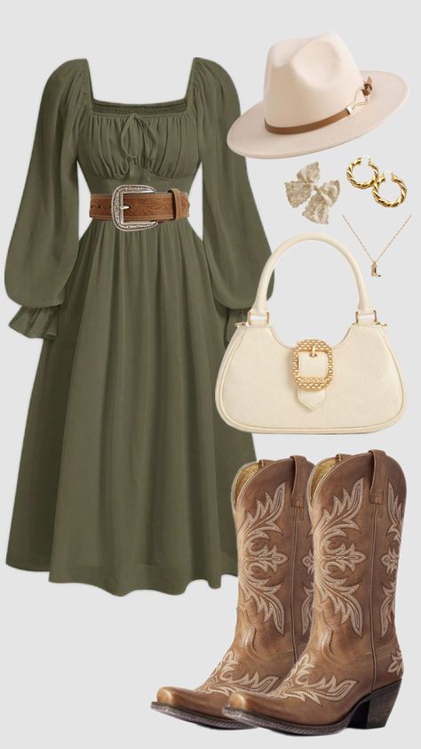 #green #olivegreen #western #countrygirl #country #dress #cowboyboots #cowgirl #churchoutfit #summer #falloutfit #outfitideas #modestfashion #outfit #modesty #hat White Country Outfits Women, Outfit Ideas For Cowgirl Boots, Simple Western Dresses Outfit, Cowgirl Style Dresses, Old Country Outfits Women, Semi Formal Cowgirl Outfits, Womens Western Dress Outfits, Country Modern Outfits, Southern Dress Outfits