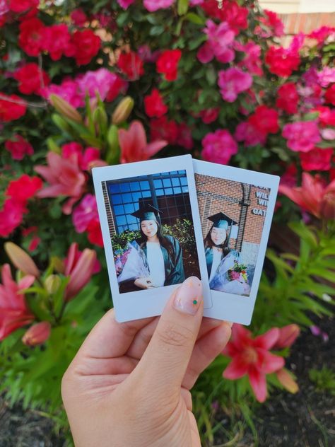 Two polaroids of a graduate in a green cap and gown being held in front of a rose bush. Polaroid Graduation Pictures, Graduation Pictures Books, Polaroid Graduation, 2enior Ye4r, Senior Era, Senior Year Things, Sr 25, Senior Year Of High School, Graduation Pics