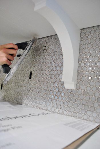 Not sure where I could/would use the "penny tiles," but I sure do love the look! Glass Penny Tile, Penny Round Backsplash, Penny Tile Backsplash, Brick Backsplash Kitchen, Penny Round Tiles, Penny Tile, Brick Backsplash, Young House, Laundry Room Bathroom