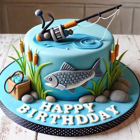 Birthday Cake Designs For Men 8 Fishing Cake Designs For Men, Gone Fishing Cakes For Men, Tuna Birthday Cake, Fishing Party Cake Ideas, 60th Fishing Birthday Ideas, Fishing Birthday Cake Ideas, Fishing Cake Ideas For Men, Fisherman Birthday Party Ideas, Hunting And Fishing Cake