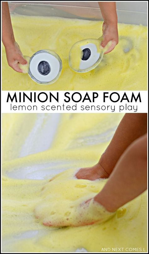 Minion inspired soap foam: lemon scented sensory play for kids from And Next Comes L Disney Messy Play, Lemon Sensory Play, Sensory Buckets, Foam Sensory Play, Minion Classroom, Sensory Play Toddlers, Sensory Tubs, Soap Foam, Minion Theme