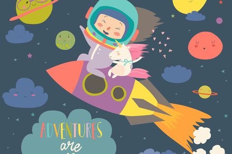 Hot Illustration, Space Illustration, Templates Free Design, Unicorn Kids, Moon Landing, Website Designs, Vector Drawing, Rainbow Unicorn, Girl Hair