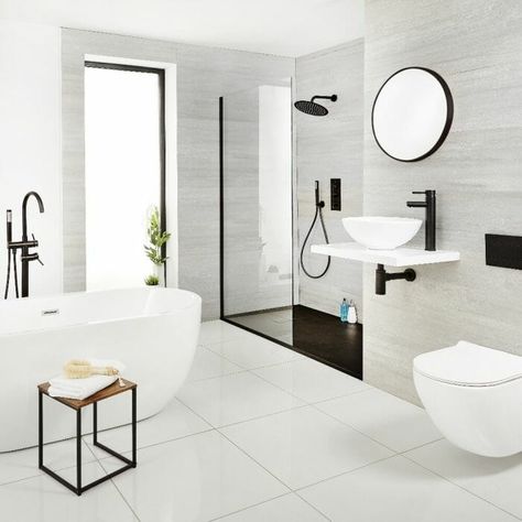 Modern Black Bathroom, Black Shower Doors, Black Bathroom Furniture, Bathroom Design Black, White Bathroom Designs, Black Bathroom Accessories, Bathroom Design Trends, Stunning Bathrooms, Bathroom Tile Designs