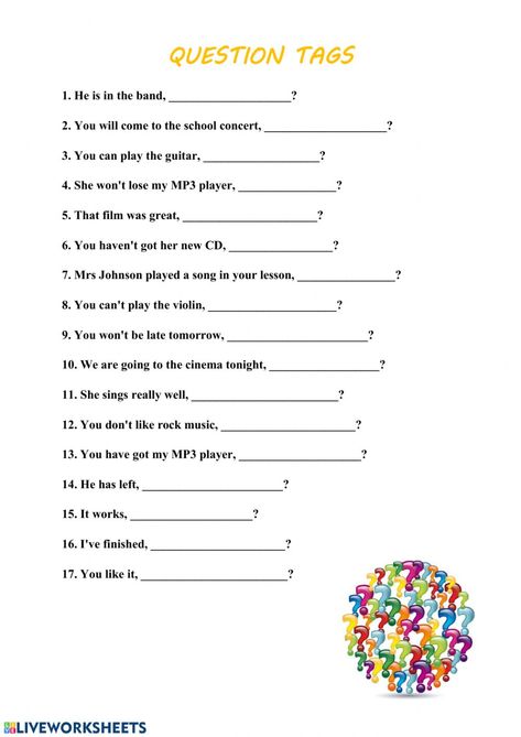 Question tags Interactive worksheet Question Tags Worksheet, English Grammar Exercises, Grammar Exercises, English Grammar Worksheets, English Worksheets For Kids, English Vocab, English Fun, Reading Comprehension Passages, English Reading