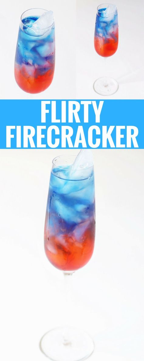 Flirty Firecracker Cocktail - 4th of July - Patriotic Drink - Communikait by Kait Hanson #patriotic #cocktail #recipe #4thofJuly #fourthofjuly #drink #layeredcocktail Patriotic Drinks, Fourth Of July Drinks, Patriotic Cocktails, 4th Of July Cocktails, Champagne Drinks, Yummy Alcoholic Drinks, Plain Chicken, Fourth Of July Food, Themed Drinks