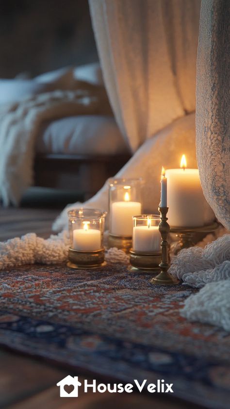 Candlelit Nooks Updated Romantic Candles Aesthetic, Candles Aesthetic Bedroom, Velas Aesthetic, Moody Romantic Bedroom, Candlelit Room, Jewel Tones Palette, Romantic Bedroom Ideas, Moody Bedroom Ideas, Romantic Interior