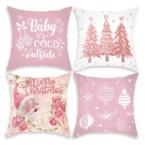 PRICES MAY VARY. Linen Premium Material: The pink white Christmas pillow covers are made of polyester linen material. The fabric is soft and comfortable, durable and thick, and skin-friendly. This set of Christmas pillow cases is the perfect nightmare before Christmas home decorations. It's also a best choice for a Christmas gift to your family! Unique Christmas Pillow Covers: Our Christmas throw pillow covers feature rich Christmas elements such as snowflakes, pink "Merry Christmas" santa, Chri Christmas Decorations For Room Bedrooms, Pink And Brown Christmas Decorations, College Apartment Christmas Decorations, Pink Christmas Decorations Ideas, Pink Christmas Bedroom Ideas, Pink Christmas Mantle Decor, Pink Christmas Pillows, Christmas Decor Ideas Bedroom Pink, Pink Christmas Bedroom Decor