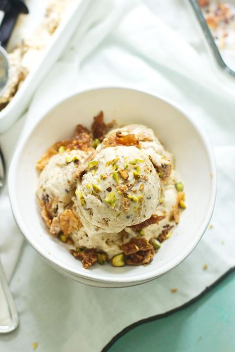 Homemade Baklava Ice - Creamy cinnamon and vanilla lace ice cream intertwined with whole pieces of sweet, nutty baklava! Baklava Ice Cream, Homemade Baklava, Ninja Creamy, Vanilla Lace, Recipe List, Nice Recipes, Ice Cream Base, For Keeps, Sweet Shop