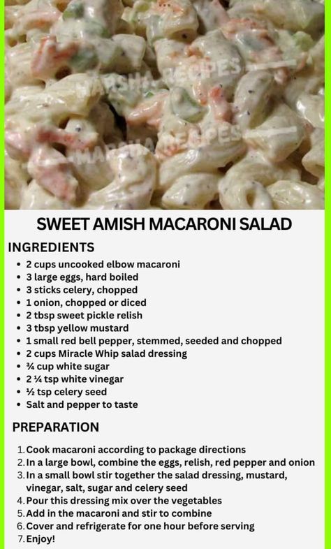 Sweet Macaroni Salad Recipe, Miracle Whip Recipes, Elbow Pasta Recipes, Amish Macaroni Salad, Macaroni Salad Ingredients, Kfc Chicken Recipe, Classic Macaroni Salad, Macaroni Salad Recipe, Vegetable Side Dishes Recipes