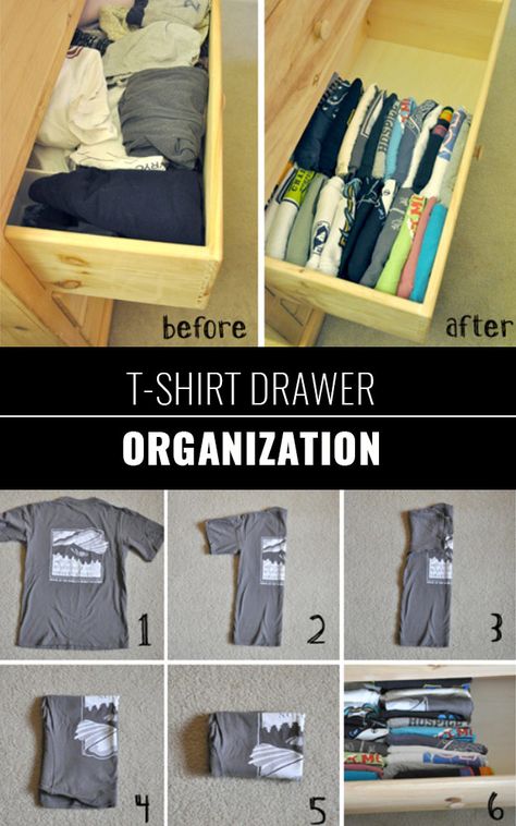 DIY Closet Organization Ideas for Messy Closets and Small Spaces. Organizing Hacks and Homemade Shelving And Storage Tips for Garage, Pantry, Bedroom., Clothes and Kitchen | T-Shirt Drawer Organization | http://diyjoy.com/diy-closet-organization-ideas Organiser Son Dressing, Closet Organisation, Messy Closet, Clothes Closet Organization, Organisation Hacks, Closet Organization Diy, Small Closet, Organize Drawers, Diy Closet