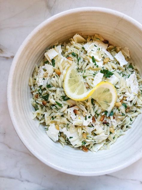 Orzo Feta Salad, Orzo Salad With Feta, Pine Nuts Pasta, Family Meal Planning Healthy, Lemon Orzo Salad, Pine Nuts Salad, How To Cook Orzo, Salad With Feta, Orzo Salad