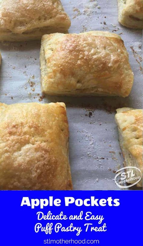 No time for Apple Pie? Think again! These fluffy pastries are quick to make and super tasty to eat! Home Made Pie Crust, Pepperidge Farm Puff Pastry Recipes, Tonge Twister, Home Made Pie, Apple Pockets, Apple Recipes With Puff Pastry, Apple Pie Pockets, Pie Turnovers, Puff Pastry Treats