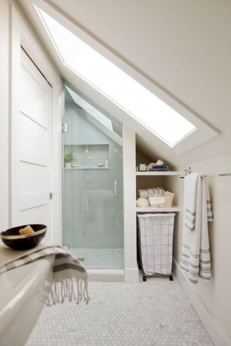 Sloped Ceiling Bathroom Ideas, Attic Bathtub Slanted Ceiling, Attic Bathrooms With Short Wall, Small Attic Bathroom Walk In Shower With Sloped Ceiling, Small Bathroom With Skylight, Attic Ensuite, Farmhouse Fireplaces, Attic Bedroom Ideas Master With Bathroom, Attic Bathroom Ideas