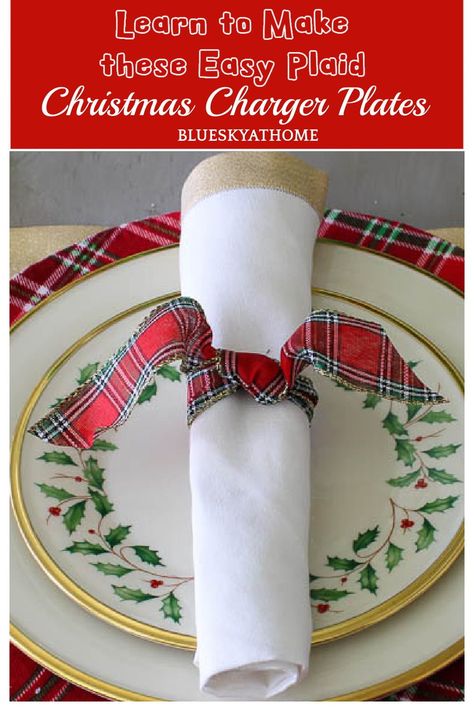 See How to Make DIY Charger Plates for Christmas. Learn how to use Dollar Tree chargers to create plaid chargers for your Christmas tablescape. Diy Charger Plates, Christmas Charger Plates, White Charger Plates, Dollar Tree Diy Christmas, Plate Chargers, Plaid Diy, Diy Chargers, White Placemats, White Charger