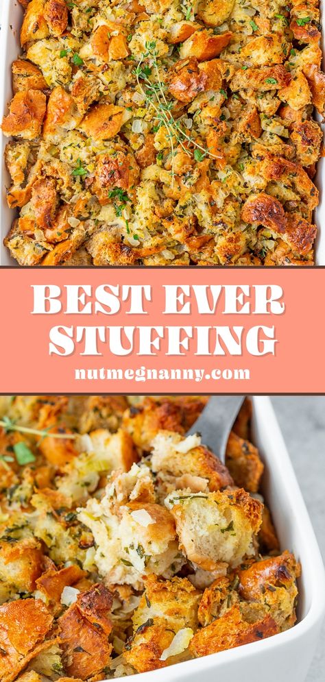 This homemade buttery herb stuffing is the perfect classic holiday recipe! It's made with toasted bread, onion, celery, tons of fresh herbs, and, of course, butter! Stuffing Recipes No Meat, Stuffing Recipes No Celery, Stuffing No Celery, Diy Stuffing Recipe, Homemade Dressing Stuffing, Home Made Stuffing Recipe, Bread Stuffing Recipes Homemade, Homemade Dressing For Thanksgiving, Healthy Stuffing Recipes