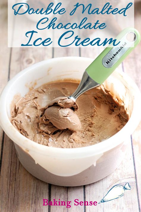 Double Malted Chocolate Ice Cream is made with malted milk powder & malted barley syrup. It's luscious and has a deep, chocolate-y flavor thanks to a generous hit of cocoa powder. #homemade #recipe #from scratch #cocoa #malted #gelato Chocolate Malt Ice Cream, Malt Ice Cream Recipe, Malted Milk Powder, Chocolate Angel Food Cake, Malt Recipe, Hazelnut Ice Cream, Sweetened Condensed Milk Recipes, Ice Cream Recipes Machine, Ice Cream Maker Recipes