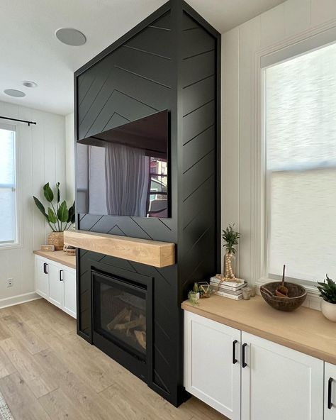 White Vertical Shiplap Fireplace, Black Vertical Shiplap Fireplace, Textured Fireplace Wall, Basement Electric Fireplace Ideas, Wide Fireplace Ideas, Basement Snug, Vertical Shiplap Fireplace, Basement Fireplace Ideas, Black Shiplap Fireplace