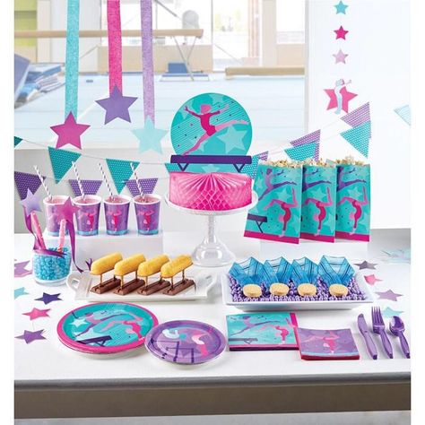 "Leap into a great party when you decorate with the Gymnastics Party Centerpiece. These paper centerpieces measure 9\" x 12\" and feature gymnasts with a pink, purple and teal theme. Sold individually, these paper centerpieces coordinate with all Gymnastics Party party supplies." Gymnastics Theme Birthday, Gymnastics Party Decorations, Gymnastics Theme Party, Gymnastics Theme Birthday Party, Gymnastics Birthday Cakes, Gymnastics Party Invitations, Creative Birthday Party Ideas, Gymnast Birthday Party, Gymnastics Party