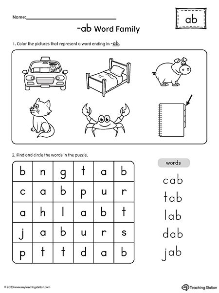 Ab Word Family, Cvc Word Fluency, Word Family Reading, Word Families Printables, Word Puzzles For Kids, Purple Aster, Kindergarten Word Families, Family Worksheets, Cross Word