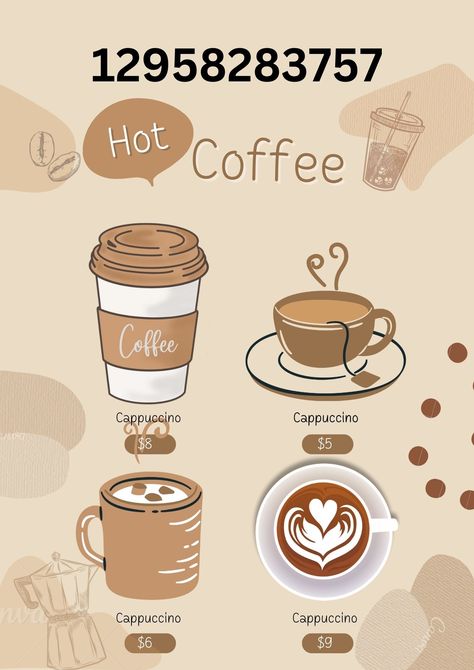 Bloxburg Coffee Shop Menu Decals Codes, Coffee Shop Decals Bloxburg, Bloxburg Starbucks Logo Code, Halloween Cafe Bloxburg, Coffee Decals Bloxburg, Bloxburg Coffee Shop Decals, Coffee Shop Bloxburg, Bloxburg Coffee Shop, Painting Bloxburg