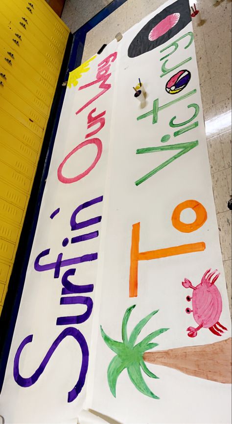 Football Game Day Sign, Beach Themed Football Signs, Hawaiian Cheer Signs, Beach Football Posters, We Run This Beach Football Poster, Beach Themed Football Posters, Posters For School Spirit, Beach Theme Pep Rally, Basketball Game Poster Ideas