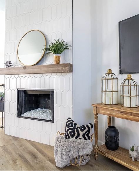 Fireplace Tile Boho, Fireplace Makeover Transitional, Boho Modern Fireplace, White Tiles Fireplace, Townhouse Fireplace Makeover, Modern Rustic Fireplace Tile, Fireplace Feature Wall Ideas Tile, White Tile Fireplace With Wood Mantle, Fireplace With Picket Tile