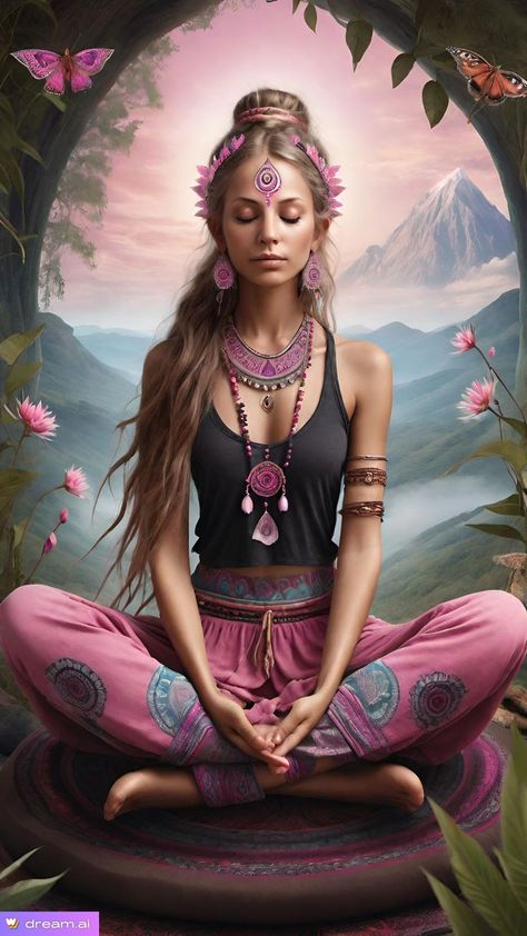 woman in yoga meditation. #aiart #picture #aicreation #aigenerativart #digitalart #fantasyworld #art #aiartgallery #artificialintelligence #Fantasie #portrait #aesteticart Meditation Art Spirituality, Arte Ganesha, Mundo Hippie, Ethereal Nature, Yoga Studio Design, Spiritual Yoga, Photographie Portrait Inspiration, Meditation Art, Hippie Life