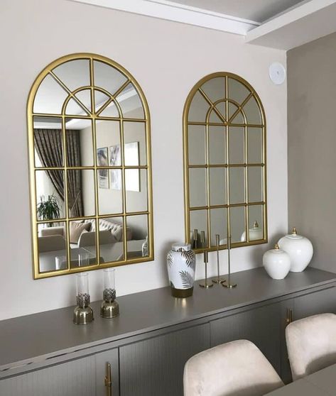 Window Mirror Dining Room, Cathedral Mirror, Mirror Farmhouse, Mirror Decor Living Room, Staircase Wall Decor, Mirror Interior Design, Mirror For Living Room, Living Room Wall Designs, Mirror Dining Room