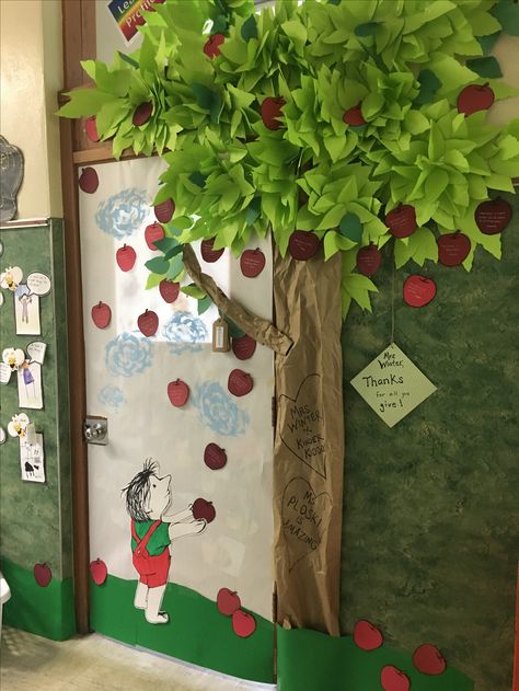 The Giving Tree. Teacher appreciation door decoration Tree In The Classroom Ideas, Door Tree Decoration, Classroom Door Tree Ideas, The Giving Tree Decorations, The Giving Tree Classroom Door, Classroom Apple Tree, The Giving Tree Door Decoration, The Giving Tree Bulletin Board, Tiny Seeds Grow Mighty Trees Bulletin