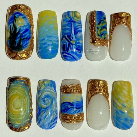 Van Gogh Inspired Nail Art, Starry Night Nails Van Gogh, Hand Paint Nail Art, Van Gogh Inspired Nails, Starry Night Nail Art, Van Gogh Nail Art, Nails Starry Night, Van Gogh Nails, Starry Night Nails