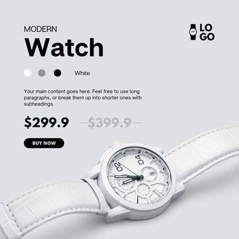 Templates Watch Advertising, Minimal Watch, Product Sale, Long Paragraphs, White Minimal, Business Cards And Flyers, Marketing Business Card, Book Labels, White Watch