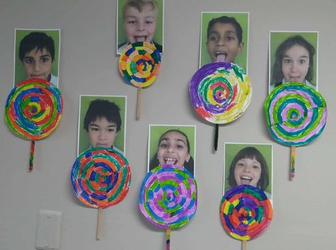 Lollipop and photo art project Willy Wonka Activities For Kids, Lollipop Art, Lollipop Craft, Willy Wonka Party, Red Lollipop, Lollipop Party, School Start, Elementary Lessons, Stem Ideas