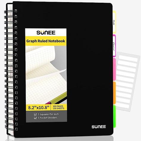 Amazon.com : SUNEE Graph Paper Notebook - 300 Pages, 5 Subject, 8.2"x10.8", 5 x 5mm Grid Lines Notebook with 5 Pocket Colored Dividers, 3-Hole Punched Quad Ruled Paper, Black Graphing Spiral Notebooks for Math, Engineering, Writing/Drawing Journals, Home & Office : Office Products 5 Subject Notebook, Graph Paper Notebook, Drawing Journal, Writing Drawing, Paper Notebook, Ruled Paper, Paper Black, Office Office, Ruled Notebook