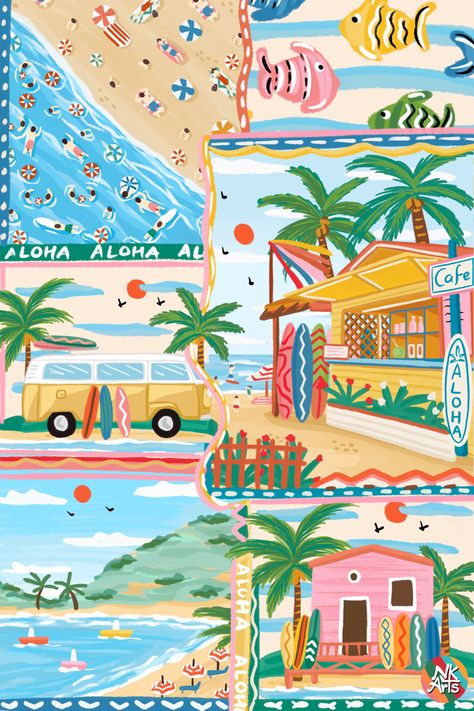 Beach Graphic Illustration, Tropical Beach Illustration, Summer Aesthetic Illustration, Tropical Pattern Illustration, Summer Holiday Illustration, Summer Illustration Wallpaper, Summer Illustration Art Drawings, Beach Design Illustration, Aesthetic Beach Painting