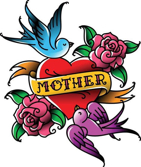 A tattoo with the inscription of Mom. A heart and flower tattoo with a flower. Tattoo in the style of the American old school. Vector flat tattoo. The illustration is isolated on a white background. Flat Tattoo, Michelle Tattoo, Heart Flower Tattoo, Tattoo Care Instructions, Mom Heart Tattoo, Background Tattoo, Mother Heart, Heart Roses, Rockabilly Tattoo