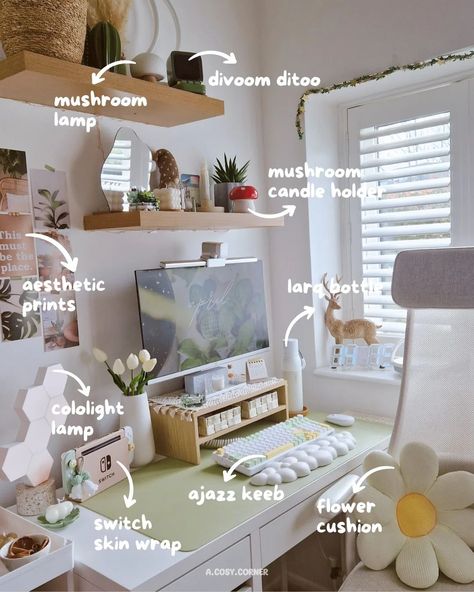 desk setup anatomy Dream Art Room, Green And White Bedroom, Desk Items, Beautiful Bedroom Decor, Cozy Desk, Study Desk Decor, Aesthetic Bedroom Ideas, Cozy Office, Gamer Room Decor