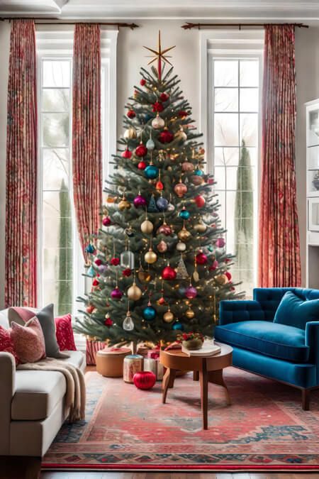 William Morris Christmas Tree, Christmas Tree Decorating Ideas With Colored Lights, Traditional Eclectic Christmas, Blue Red And Green Christmas Tree, Traditional Christmas Tree Multicolor, Christmas Trees Colored Lights, Decorated Christmas Trees Ideas Colors, Multi Color Christmas Tree Ideas, Mcm Christmas Tree