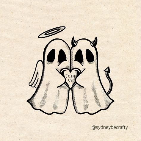 Ghost Love Tattoo, Cute Sheet Ghost Tattoo, Lil Ghost Drawing, Matching Ghost Tattoos For Couples, Ghost Couple Drawing, Sheet Ghost Tattoo, Ghost Flash Tattoo, Matching Ghost Tattoos, Angel And Devil Tattoo