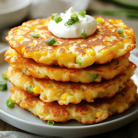 Enjoy quick and easy corn fritters with fresh ingredients. Perfect for a snack or appetizer, these fritters are deliciously crispy! Corn Fritters With Jiffy, Jiffy Mix Corn Fritters Easy, Creamed Corn Fritters Recipe, Corn Fritters Easy, Cream Corn Fritters, Corn Fritters Recipe, Corn Fritter, Corn Fritter Recipes, Jiffy Mix