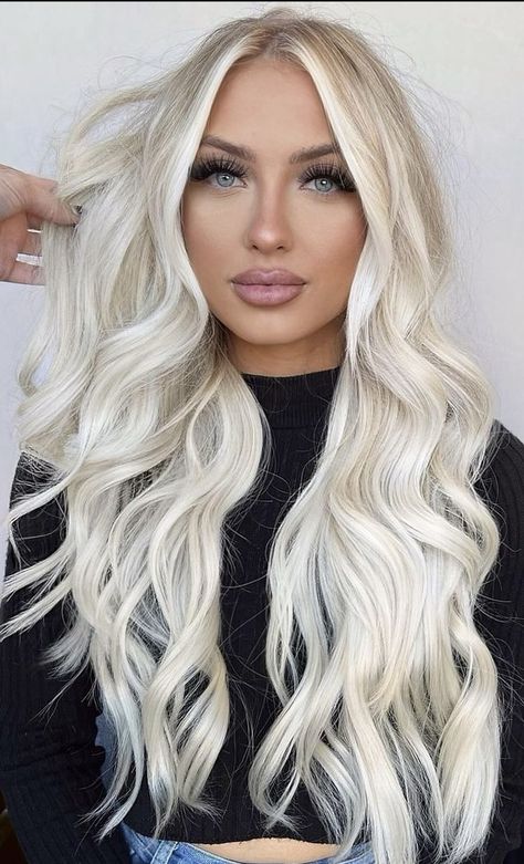 Blond Hair With Root Melt, Platimun Blonde Hair, Long Icy Blonde Hair, Bright Dimensional Blonde, Long Platinum Blonde Hair, Platinum Balayage, Platinum Blonde Hair Extensions, Platinum Blonde Hair Color Ideas, Icy Blonde Hair Color