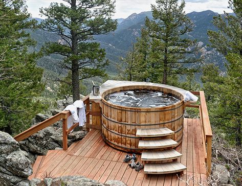 A Romantic Mountain Retreat in Colorado - Inspired By This Outdoor Hot Tub, Colorado Cabins, Soaking Tubs, Spa Design, Pikes Peak, Hot Tub Outdoor, Mountain Retreat, Mountain Cabin, Mountain House