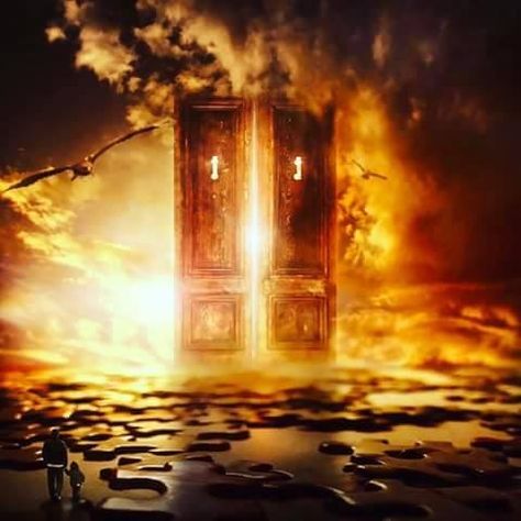 Doors and fire prophetic art. Worship Art, Heaven's Gate, Church Poster Design, Prophetic Art, Ange Demon, Church Poster, Bride Of Christ, Biblical Art, Heaven And Hell