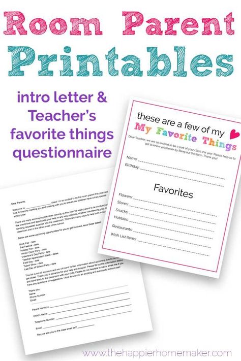 Start the school year off right with these free Room Parent Printables. It's hard being a room mom or dad, make it easier with this customizable room parent introduction letter and teacher favorite things questionnaire. Homeroom Mom Letter To Parents, Homeroom Mom Ideas, Parent Letters From Teachers, Room Mom Letter, Teacher Questionnaire, Homeroom Mom, Class Mom, Parenting Printables, Letter School